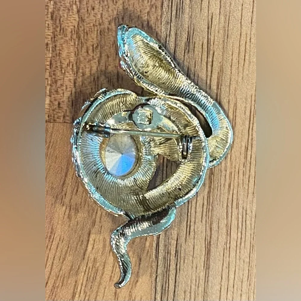 Snake Brooch Pin Gold Tone Coiled Vintage Aurora Borealis Rhinestone Center